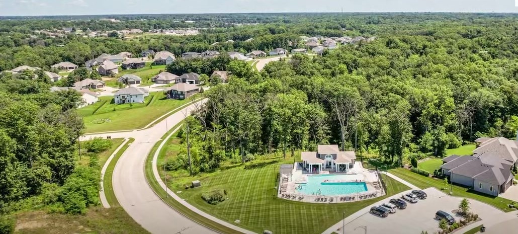 Aerial view of The Brooks neighborhood and pool